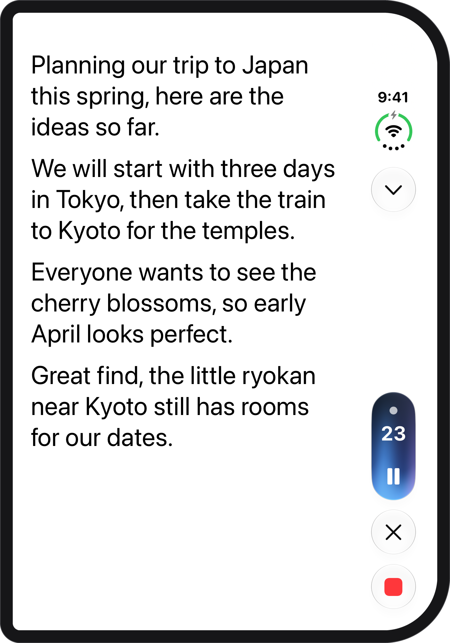 Memo recording on the iPhone Duo cover screen, with live captions and buttons to pause, delete and stop.
