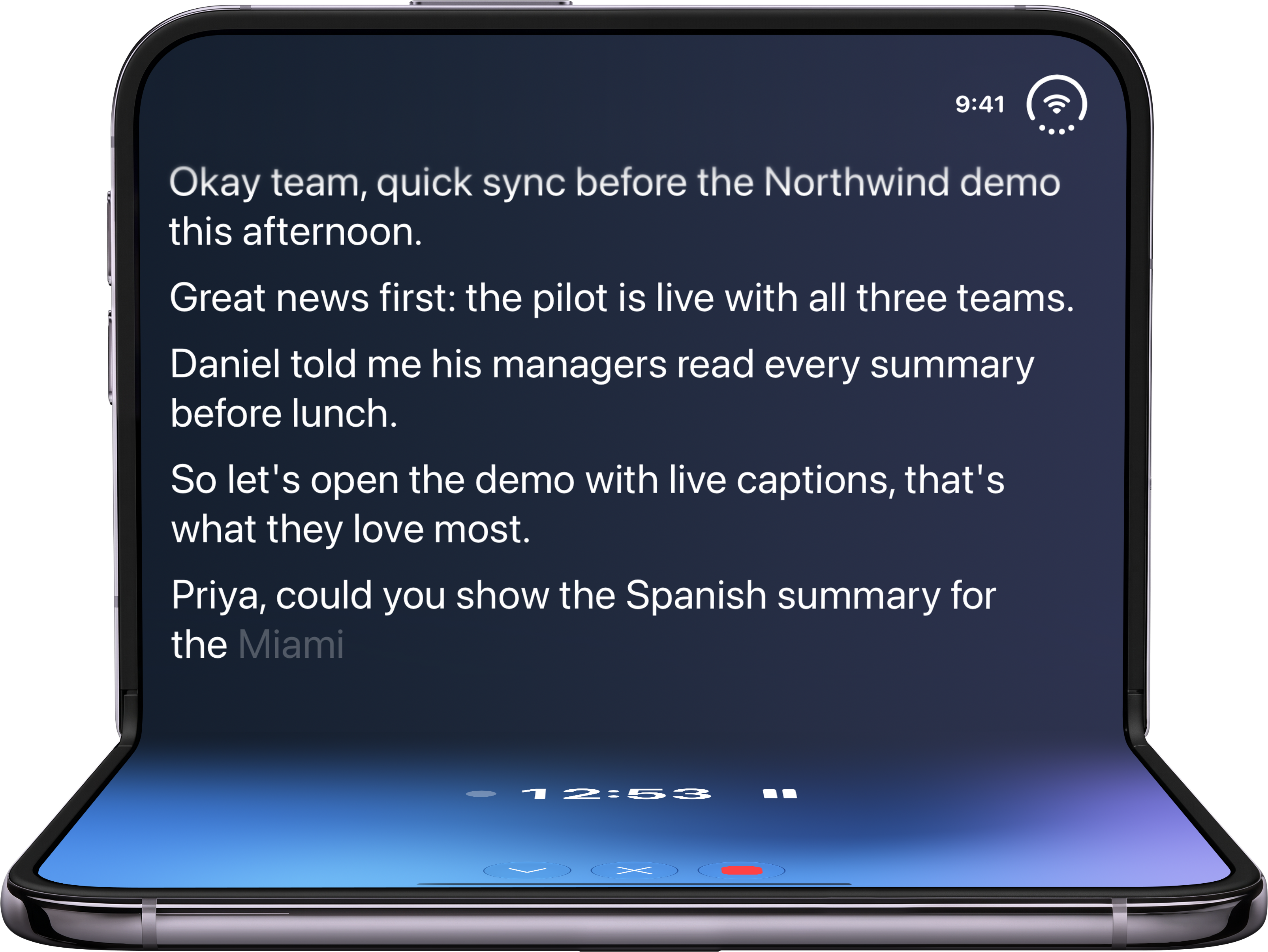 iPhone Duo standing half open like a small laptop, recording with Memo: live captions on the upright half, the timer and controls on the flat half.