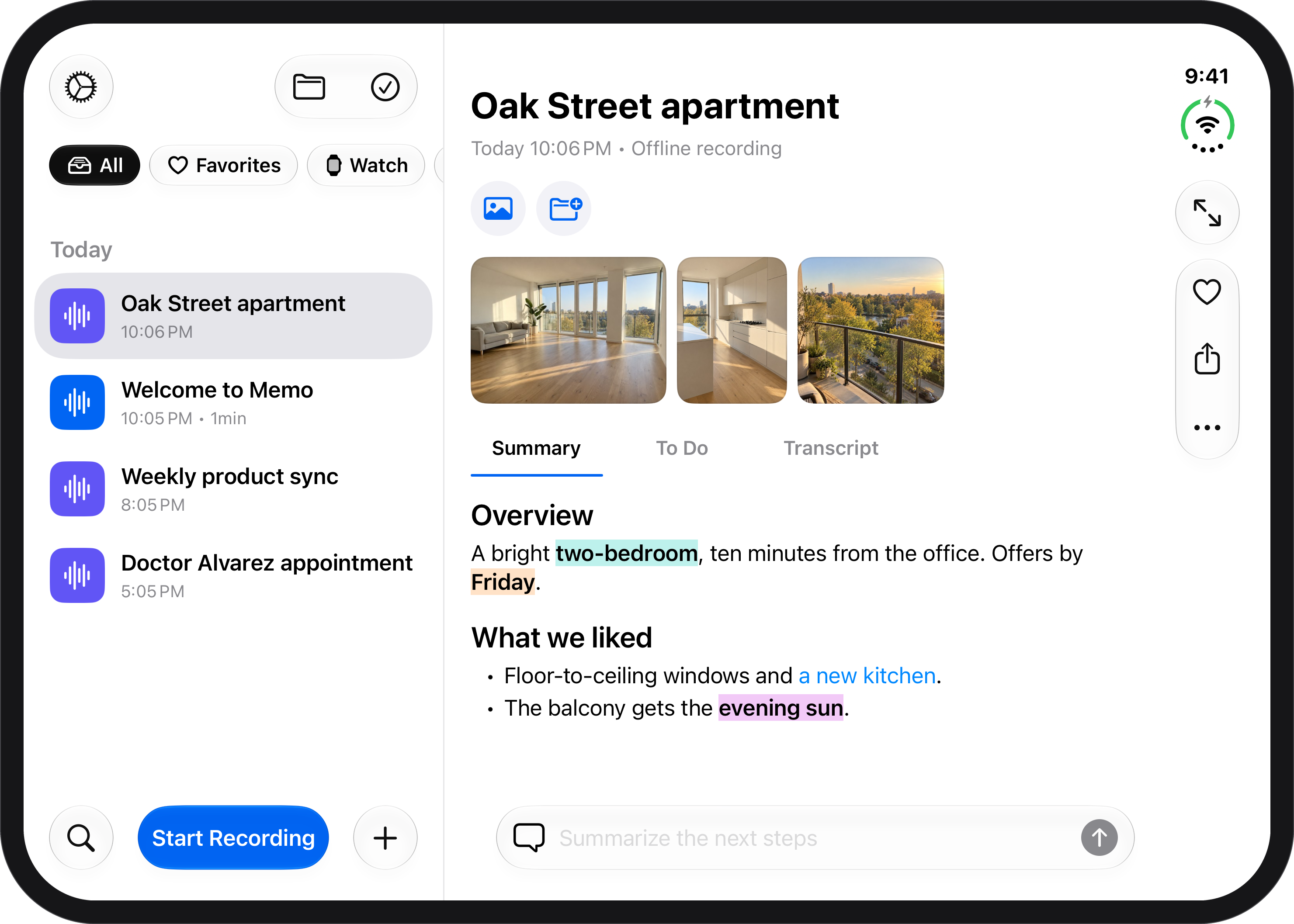 iPhone Duo open in landscape: the notes list beside a note with three photos, highlighted words and a bulleted list.