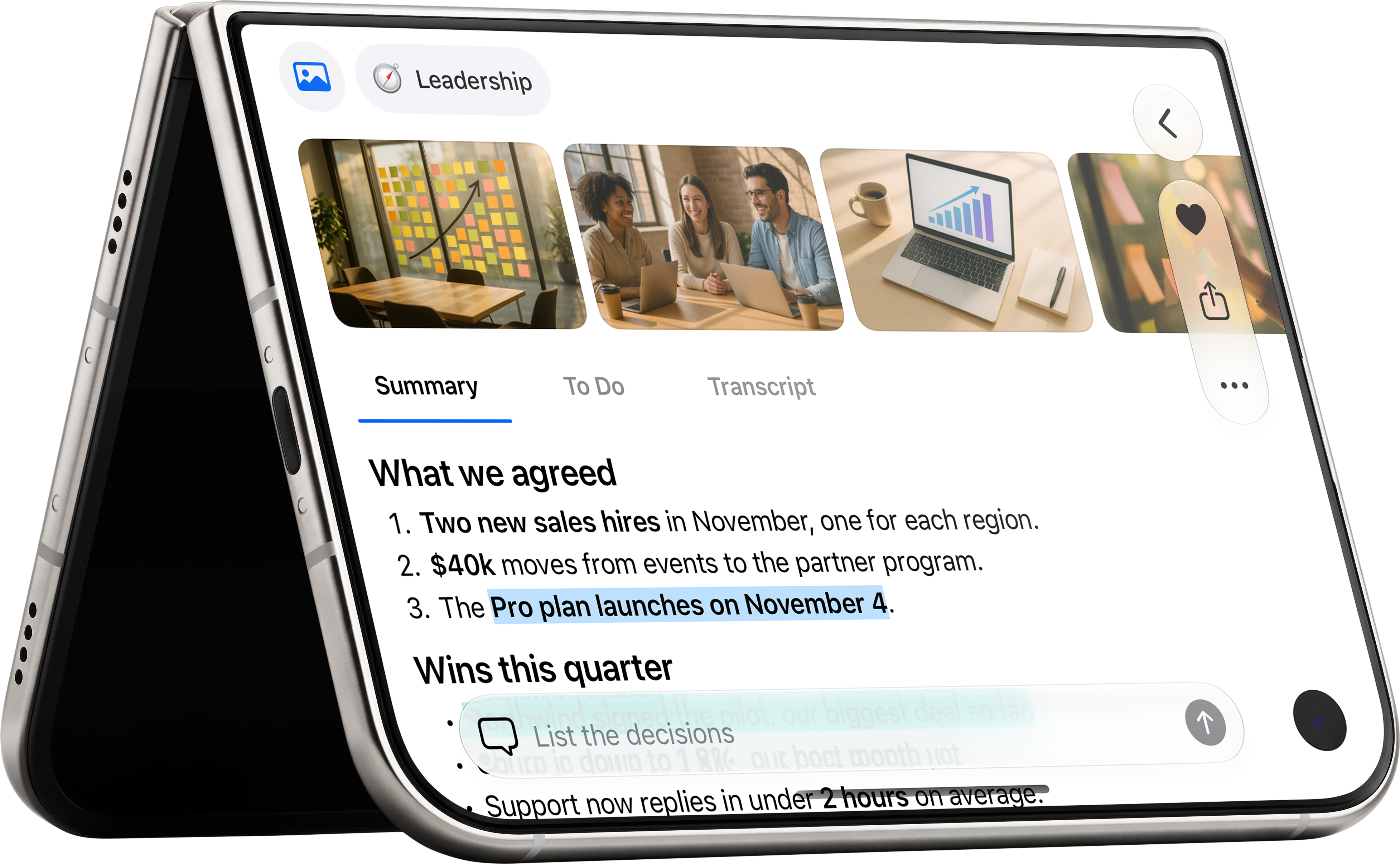 iPhone Duo standing like a tent, with a Memo note on its cover screen: meeting photos, the Summary tab with decisions and highlights.