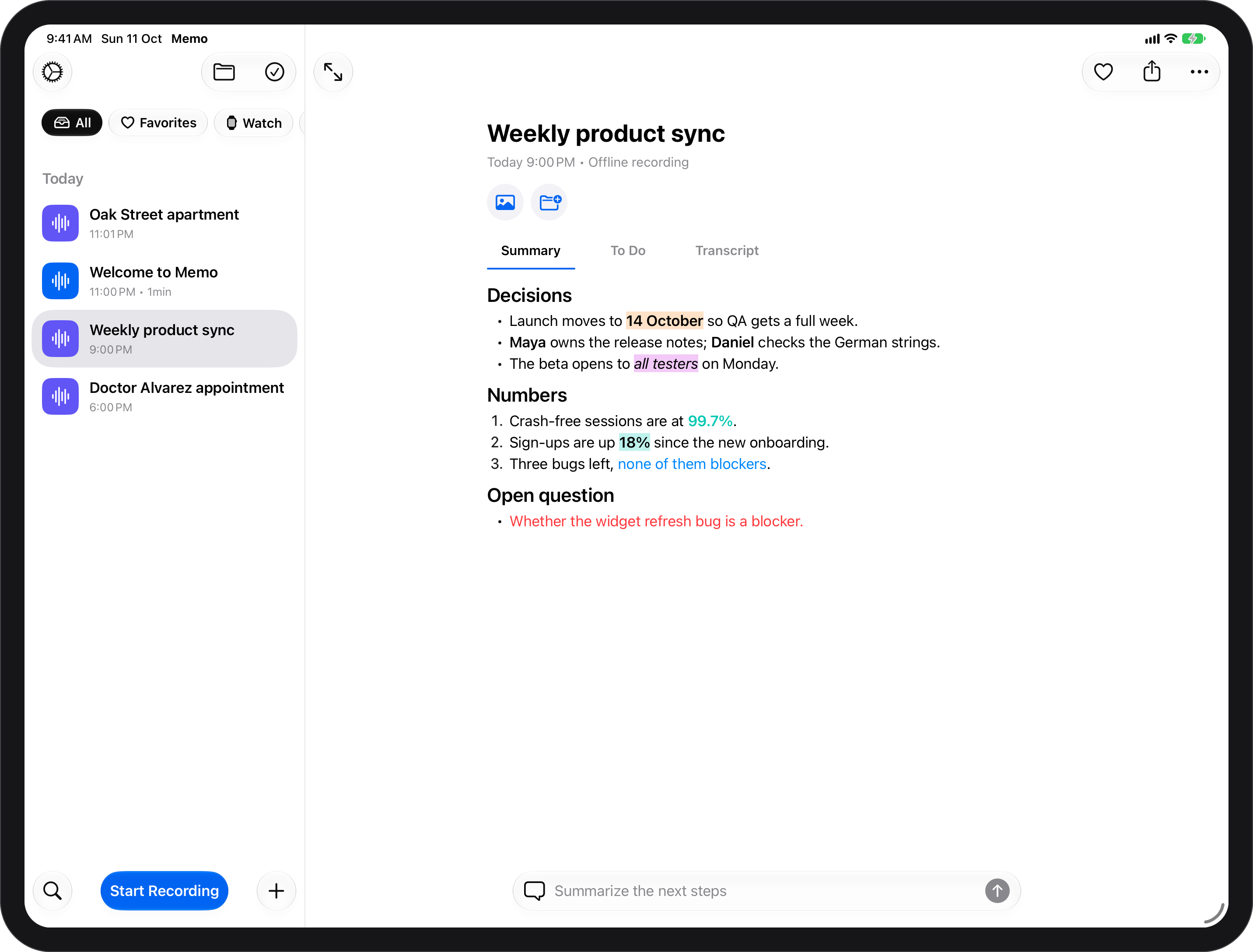 Memo on iPad in landscape: the notes list beside the note “Weekly product sync”, with headings, highlights, coloured words and lists.