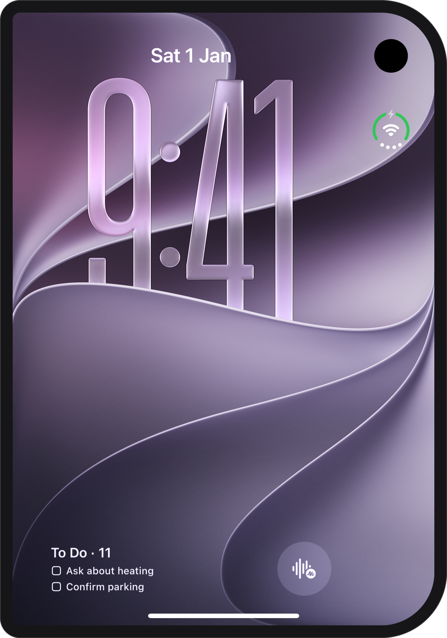 The Lock Screen of the iPhone Duo cover with Memo’s To Do widget, showing two open to-dos, and Memo’s Record button.