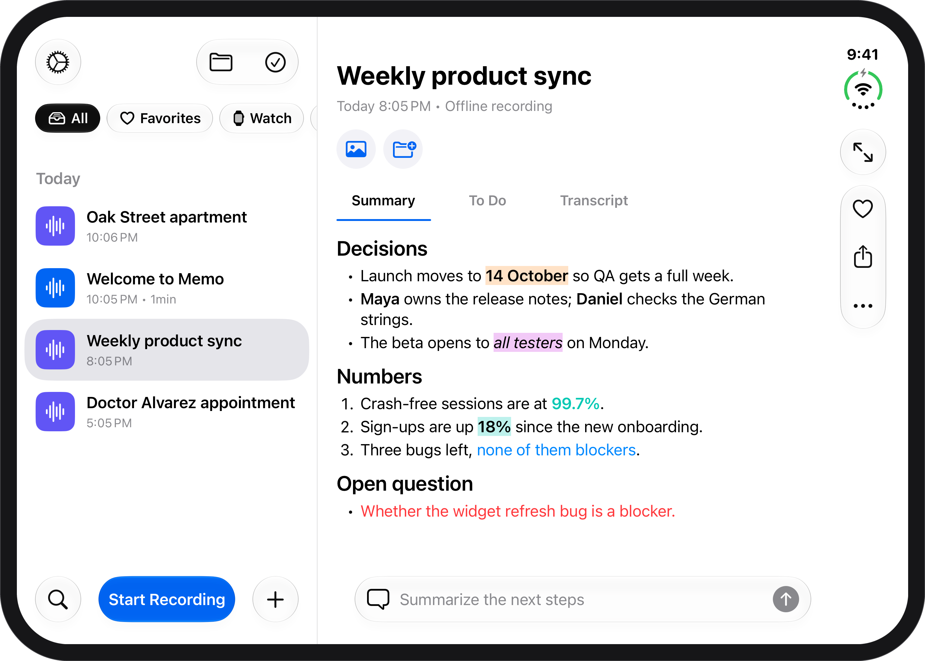 The note “Weekly product sync” in light mode: headings Decisions, Numbers and Open question, bold names, orange and purple highlights, mint and blue words, a red open question and a numbered list.