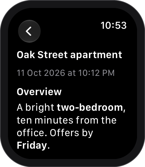 The note “Oak Street apartment” on Apple Watch: its date and the start of its summary, with bold words.