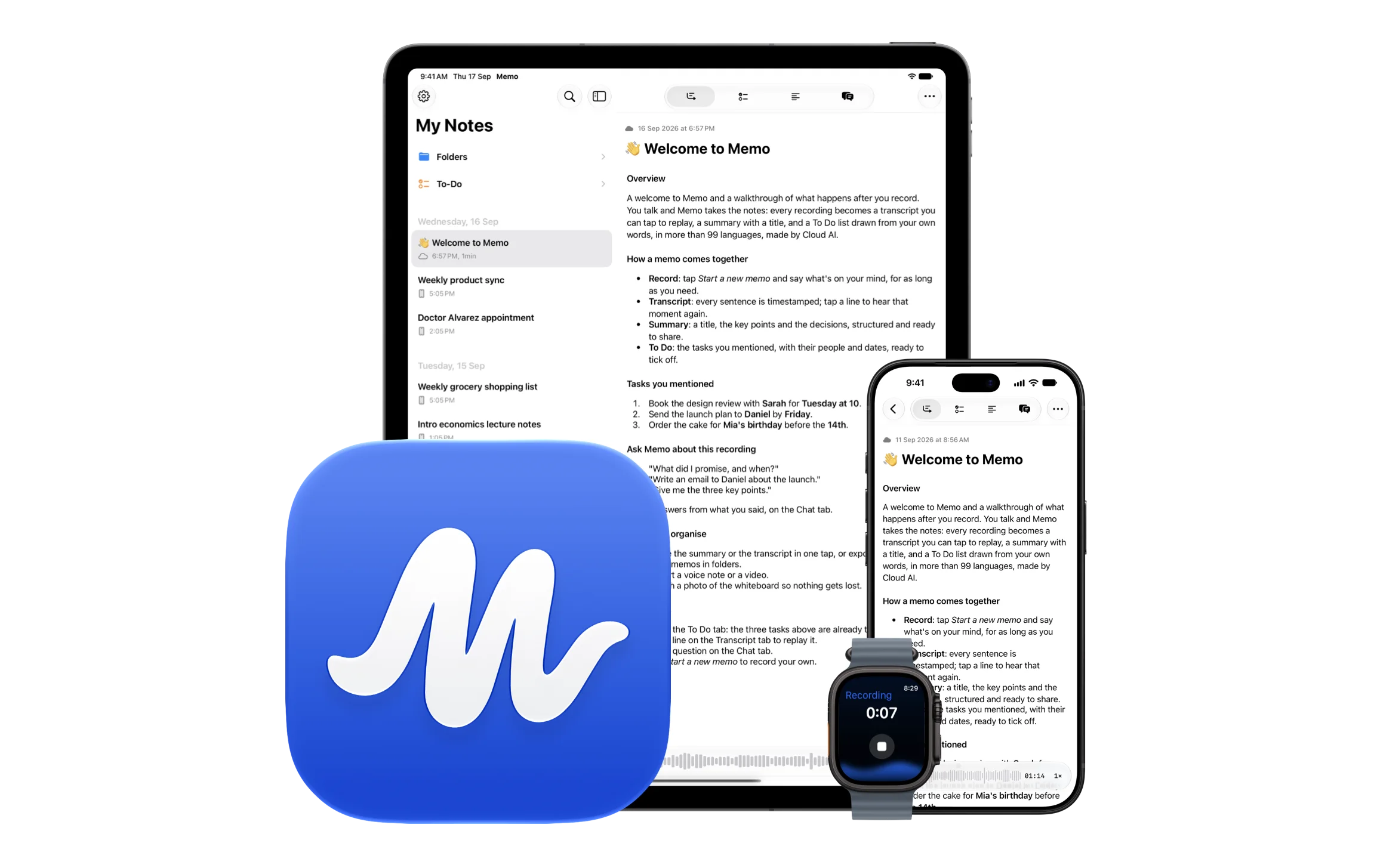Memo on iPad, iPhone and Apple Watch, with the app icon in front